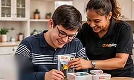 Support worker and a young man working on a task together at home