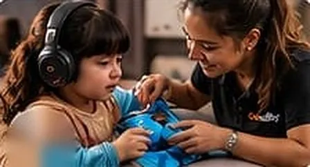 Support worker helping a young girl with an activity